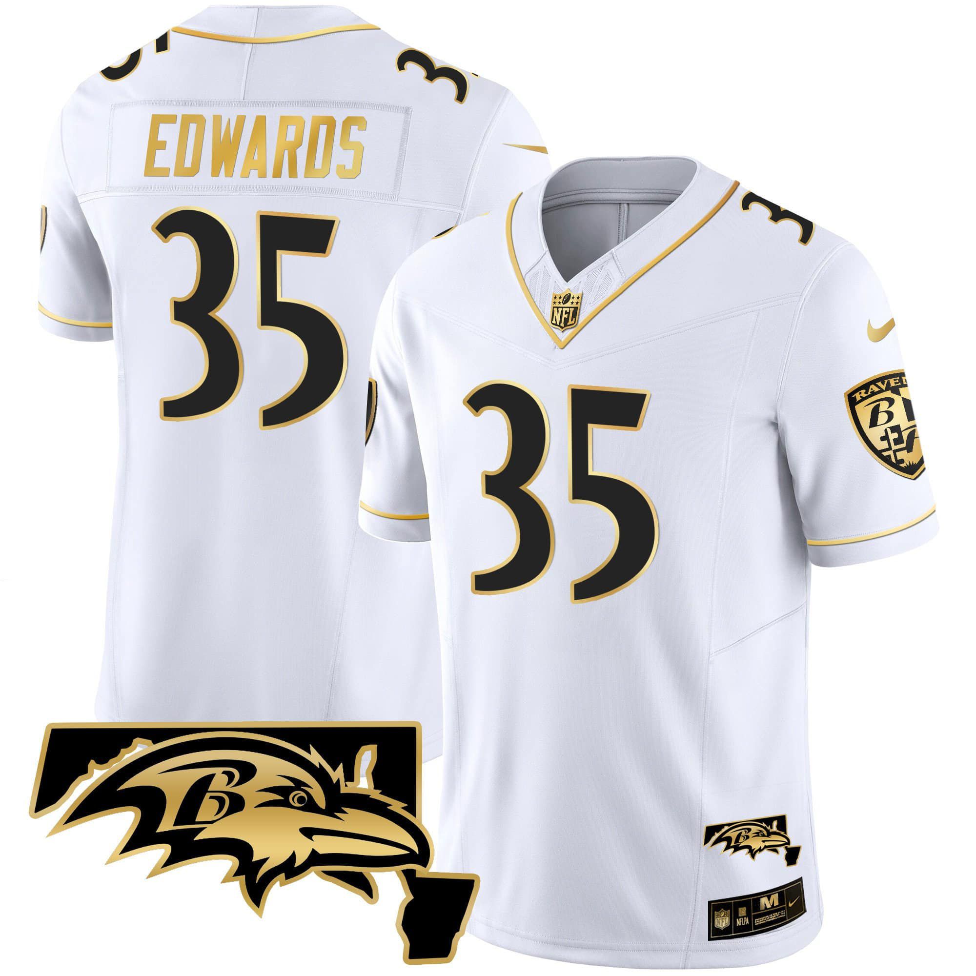 Men Baltimore Ravens #35 Edwards White Gold 2024 Nike Maryland Patch Vapor Limited NFL Jersey